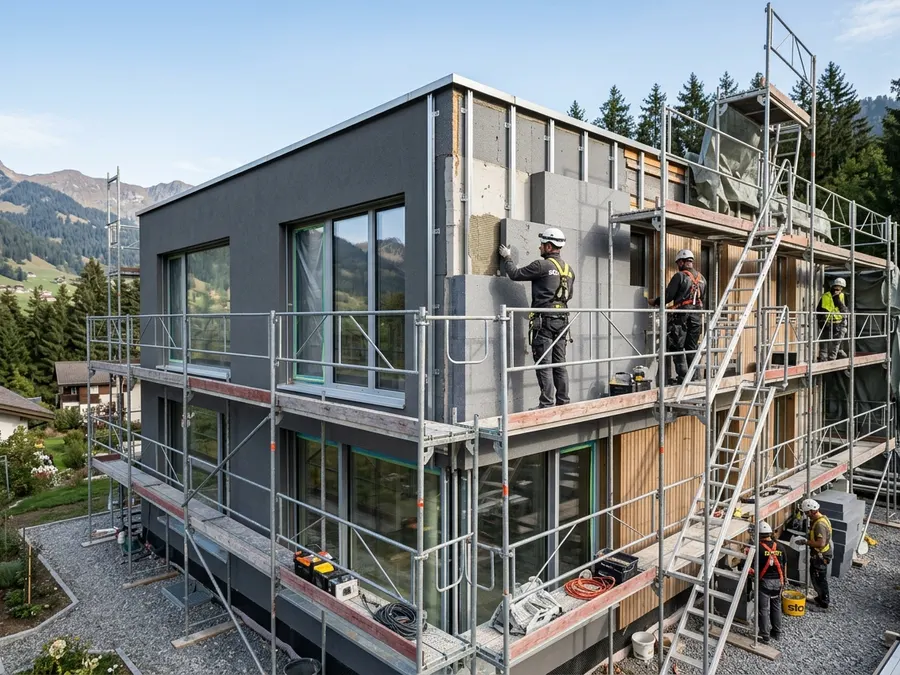 Chantier de rénovation énergétique avec isolation thermique par l'extérieur sur une maison suisse